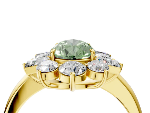 Yellow gold Fancy Green Pear Cut Diamond Cluster Ring with Round and Baguette Stones, Split Shank Band, Prong Setting_4