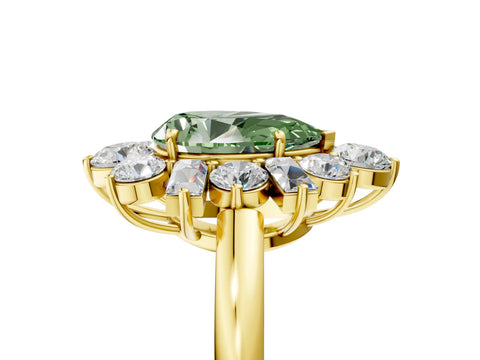 Yellow gold Fancy Green Pear Cut Diamond Cluster Ring with Round and Baguette Stones, Split Shank Band, Prong Setting_5