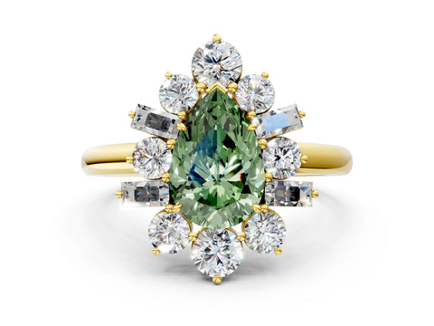 Yellow gold Fancy Green Pear Cut Diamond Cluster Ring with Round and Baguette Stones, Split Shank Band, Prong Setting