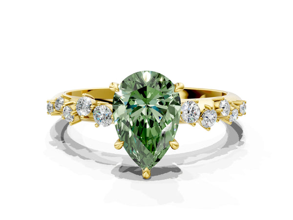 Yellow gold Fancy Green Pear Cut Diamond Cluster Side Stone Solitaire Ring with Prong Setting