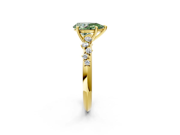 Yellow gold Fancy Green Pear Cut Diamond Cluster Side Stone Solitaire Ring with Prong Setting