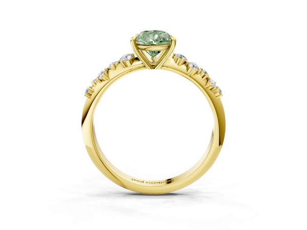 Yellow gold Fancy Green Pear Cut Diamond Cluster Side Stone Solitaire Ring with Prong Setting