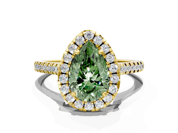 Yellow gold Fancy Green Pear Cut Diamond Cushion Halo Ring with Pavé Band