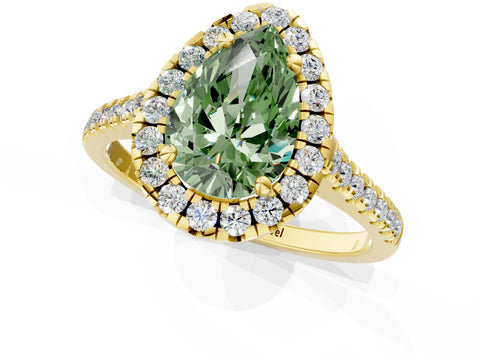 Yellow gold Fancy Green Pear Cut Diamond Cushion Halo Ring with Pavé Band_1