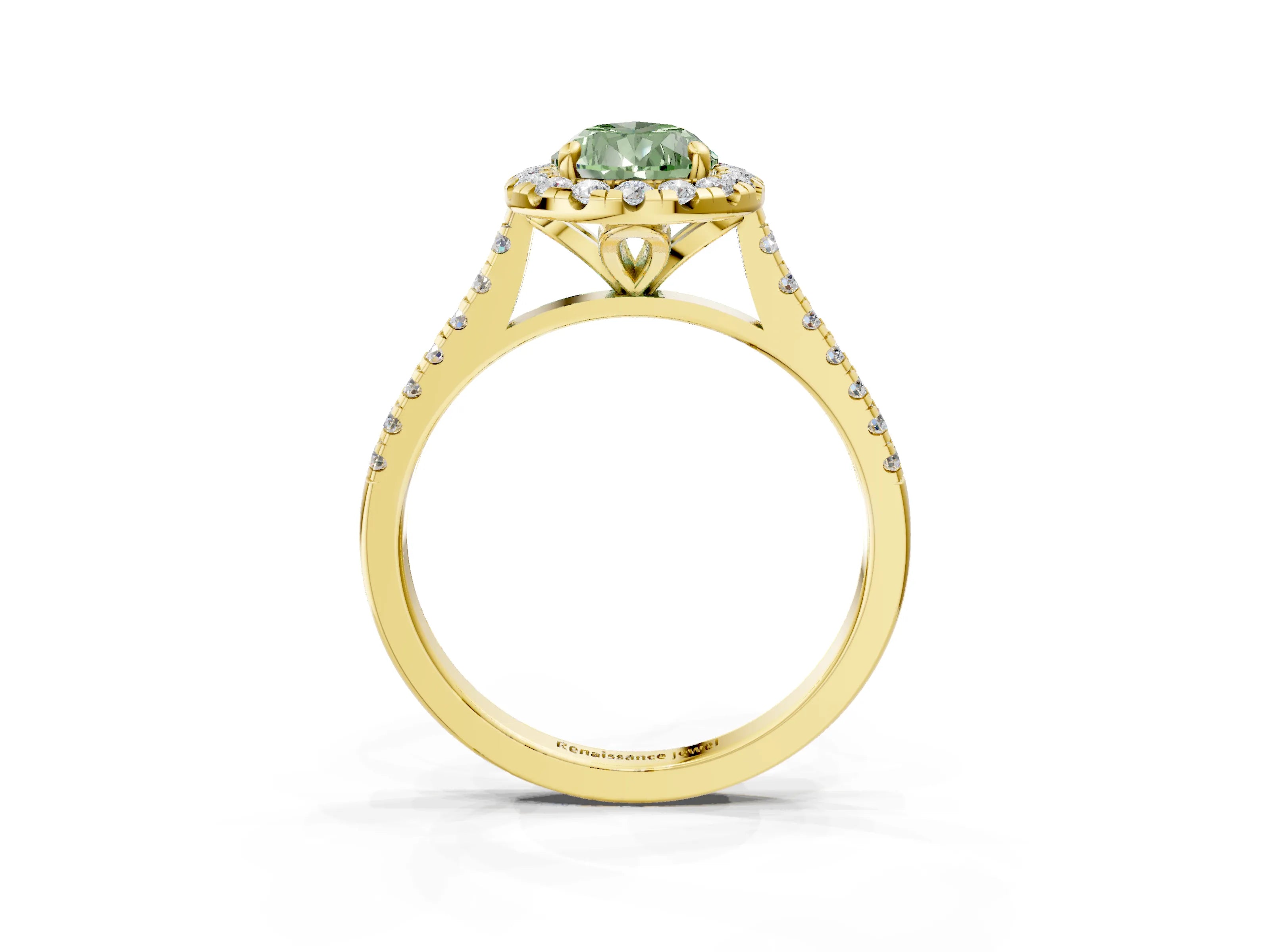 Yellow gold Fancy Green Pear Cut Diamond Cushion Halo Ring with Pavé Band_3