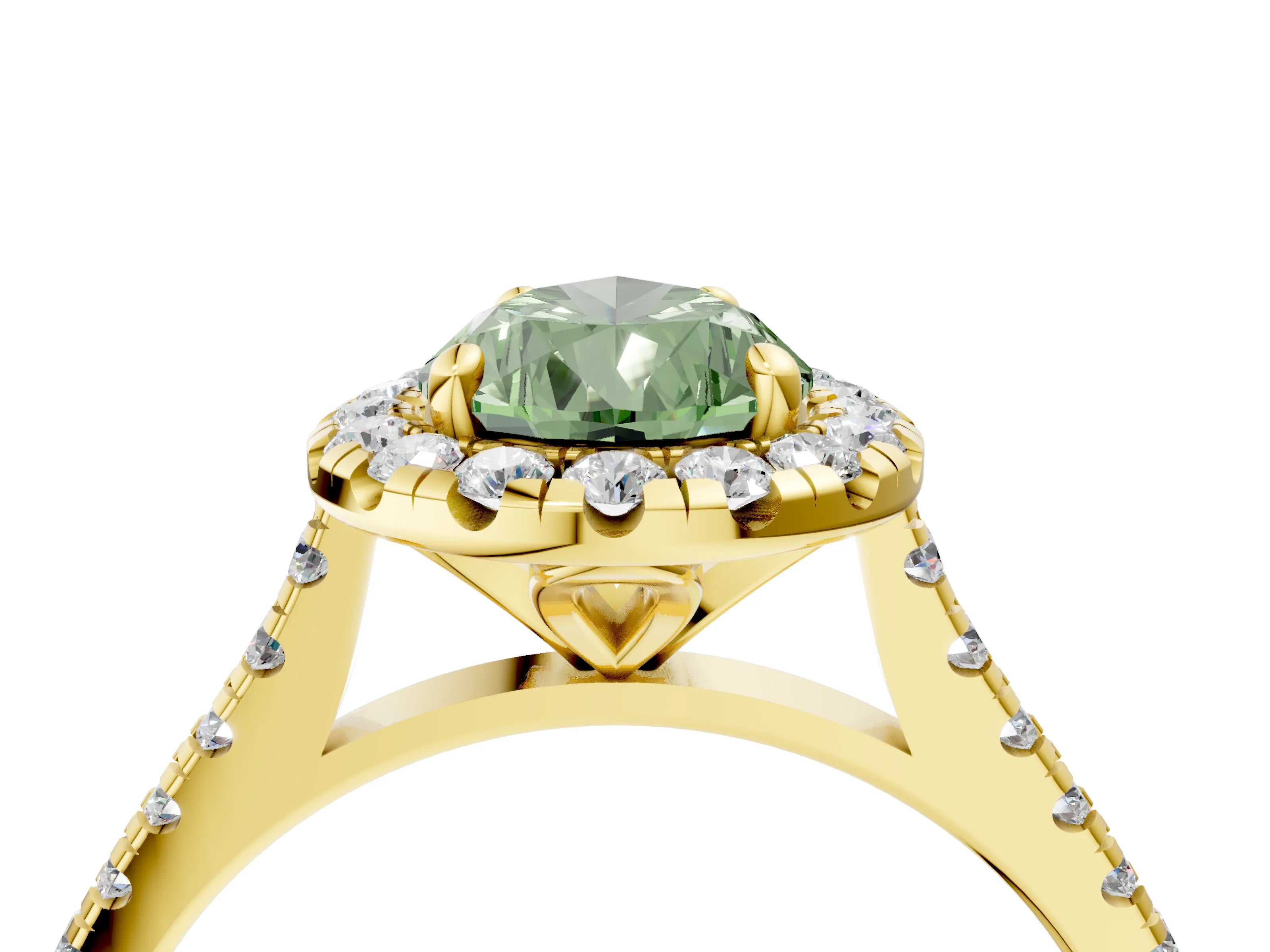 Yellow gold Fancy Green Pear Cut Diamond Cushion Halo Ring with Pavé Band_4