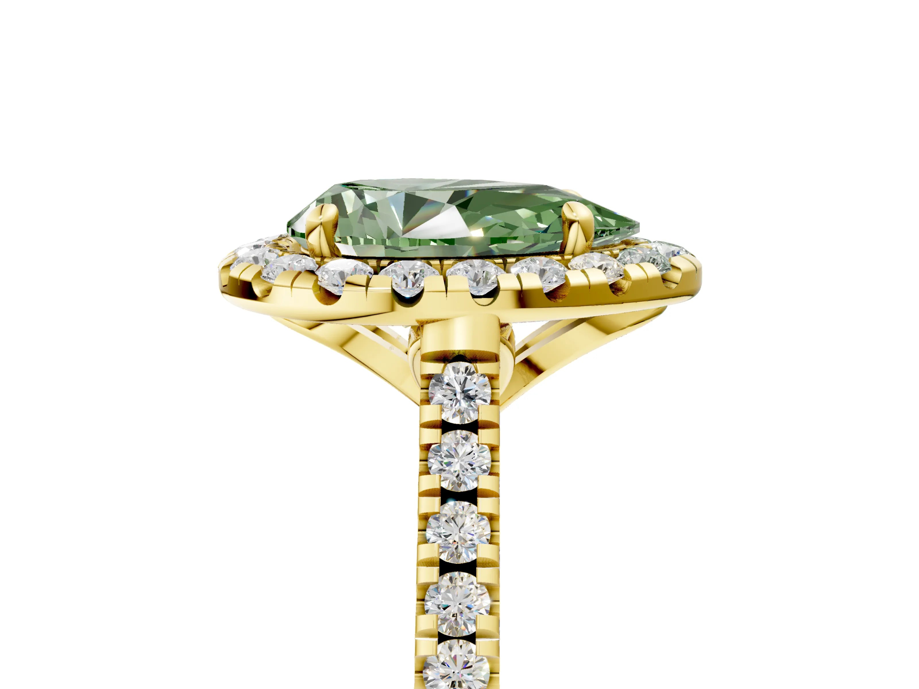 Yellow gold Fancy Green Pear Cut Diamond Cushion Halo Ring with Pavé Band_5