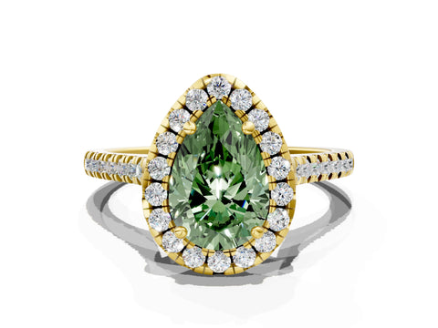 Yellow gold Fancy Green Pear Cut Diamond Cushion Halo Ring with Pavé Band