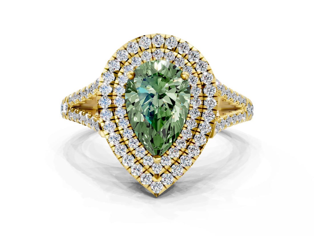 Yellow gold Fancy Green Pear Cut Diamond Double Halo Ring with Pavé Band and Prong Setting_77