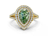 Yellow gold Fancy Green Pear Cut Diamond Double Halo Ring with Pavé Band and Prong Setting_77