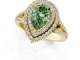 Yellow gold Fancy Green Pear Cut Diamond Double Halo Ring with Pavé Band and Prong Setting_78