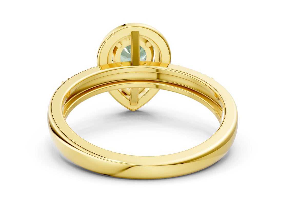 Yellow gold Fancy Green Pear Cut Diamond Double Halo Ring with Split Shank and Four-Prong Setting