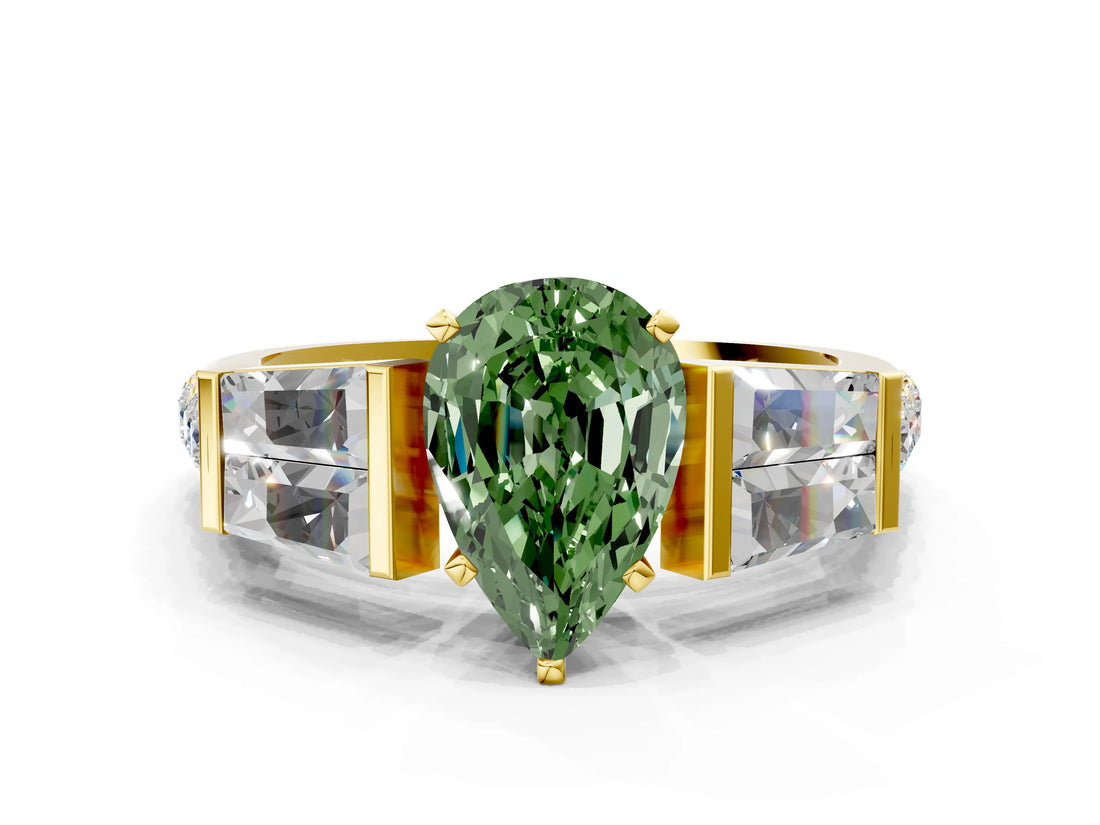 Yellow gold Fancy Green Pear Cut Diamond Engagement Ring with Baguette Side Stones and Channel Set Band_19