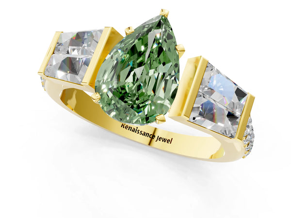 Yellow gold Fancy Green Pear Cut Diamond Engagement Ring with Baguette Side Stones and Channel Set Band