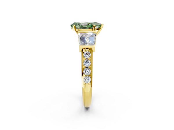 Yellow gold Fancy Green Pear Cut Diamond Engagement Ring with Baguette Side Stones and Channel Set Band