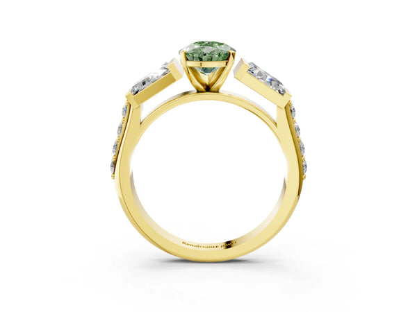 Yellow gold Fancy Green Pear Cut Diamond Engagement Ring with Baguette Side Stones and Channel Set Band