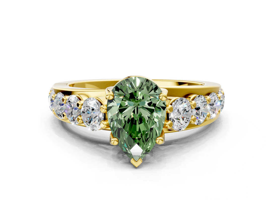 Yellow gold Fancy Green Pear  Cut Diamond Engagement Ring with Pavé Band and Four-Prong Setting_3
