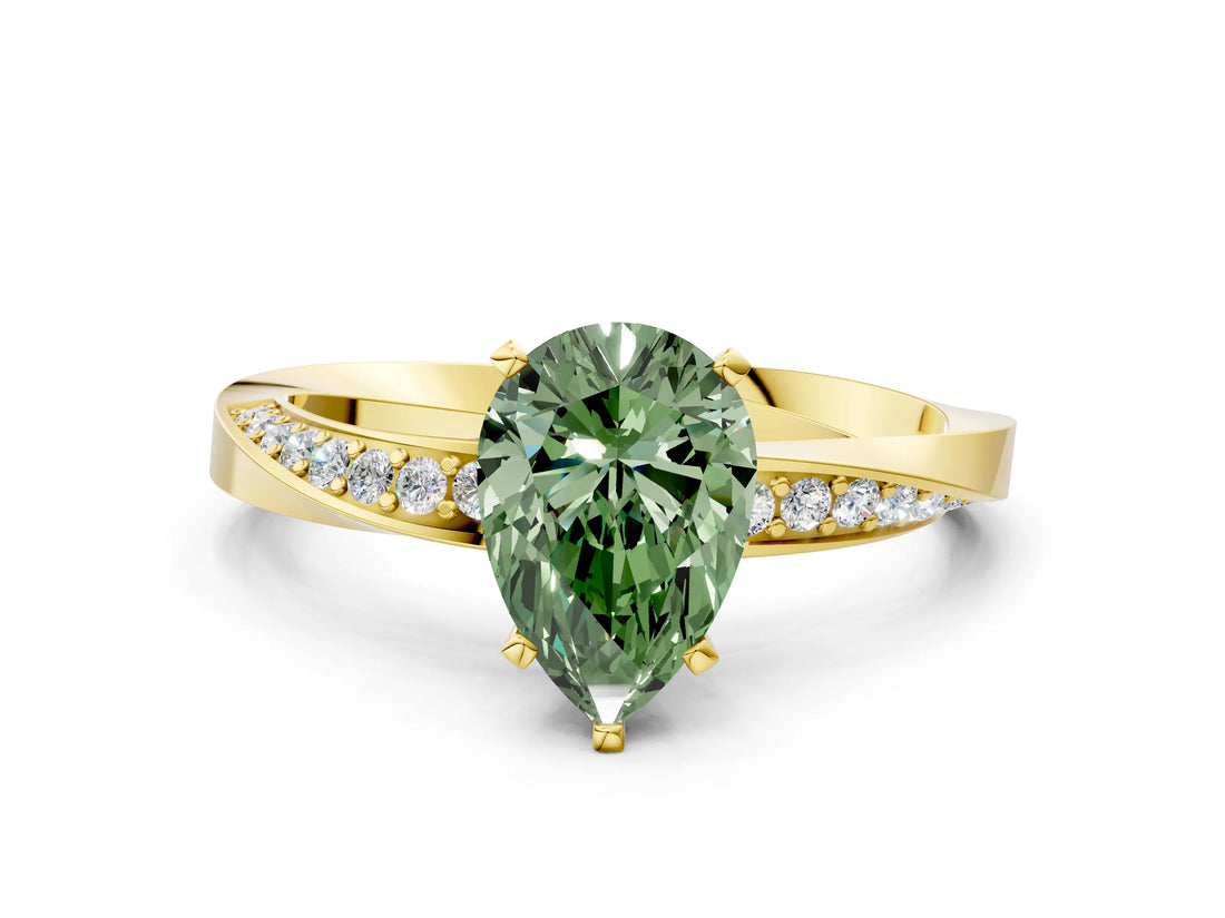 Yellow gold Fancy Green Pear Cut Diamond Engagement Ring with Side Stone Accents and Four-Prong Setting_12