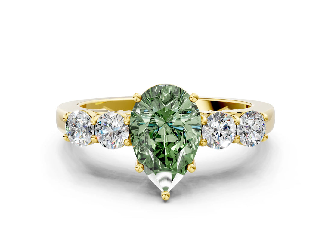 Yellow gold Fancy Green Pear  Cut Diamond Five-Stone Prong Set White Gold Ring_32