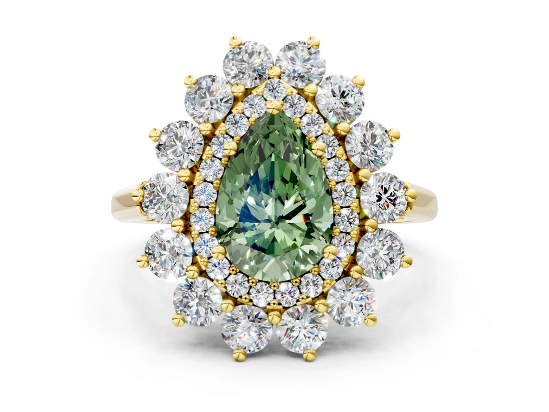 Yellow gold Fancy Green Pear Cut Diamond Floral Double Halo Engagement Ring with Prong Setting_24