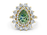 Yellow gold Fancy Green Pear Cut Diamond Floral Double Halo Engagement Ring with Prong Setting_24