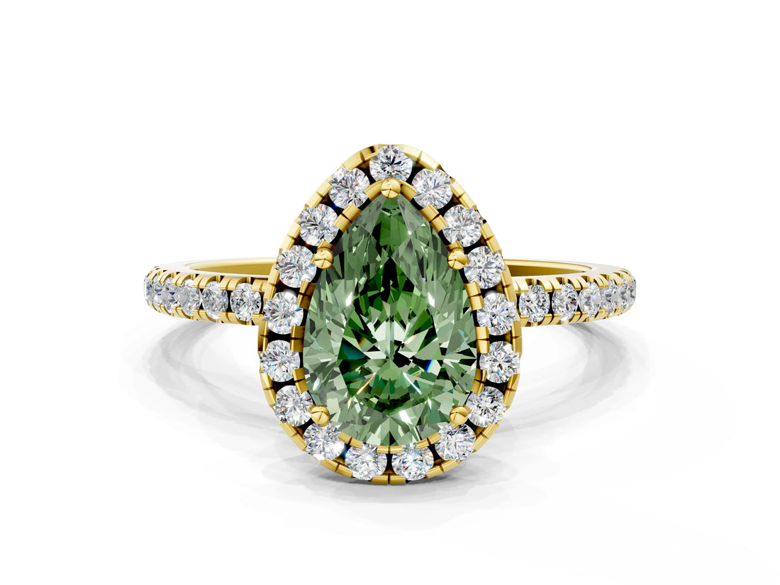 Yellow gold Fancy Green Pear  Cut Diamond Floral Halo Engagement Ring with Pavé Band and Prong Setting_36