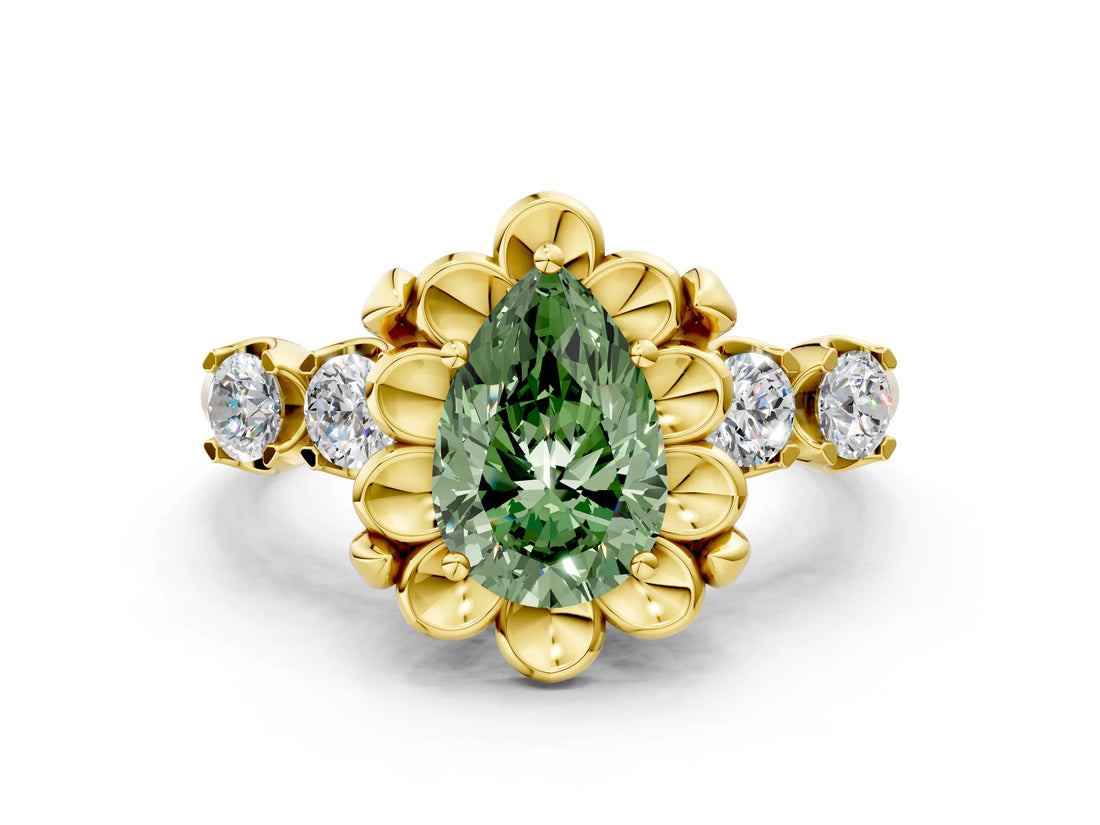 Yellow gold Fancy Green Pear  Cut Diamond Floral Halo Engagement Ring with Shared Prong Setting