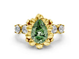 Yellow gold Fancy Green Pear  Cut Diamond Floral Halo Engagement Ring with Shared Prong Setting