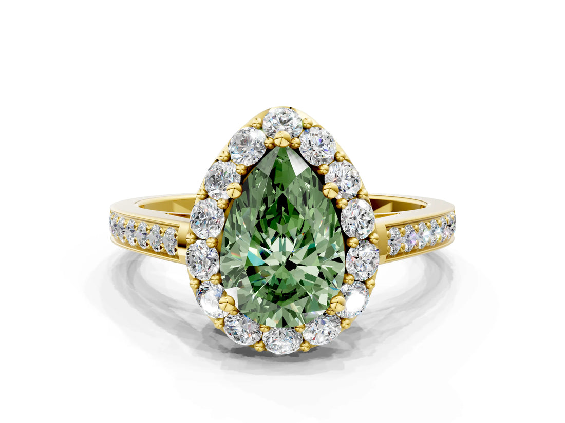 Yellow gold Fancy Green Pear Cut Diamond Floral Halo Ring with Pavé Band and Prong Setting_3