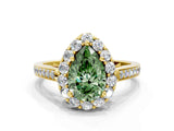 Yellow gold Fancy Green Pear Cut Diamond Floral Halo Ring with Pavé Band and Prong Setting_3