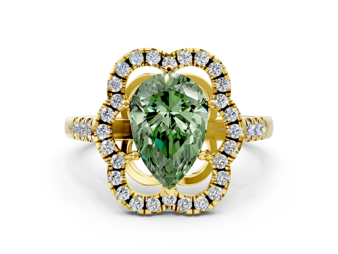 Yellow gold Fancy Green Pear Cut Diamond Floral Halo Split Shank Prong Setting Ring_12