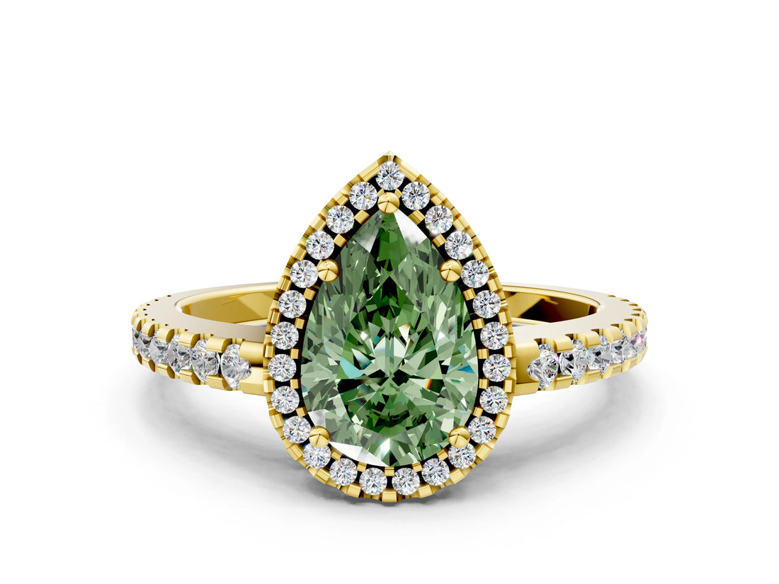 Yellow gold Fancy Green Pear Cut Diamond Halo Engagement Ring with Pavé Band and Prong Setting_27