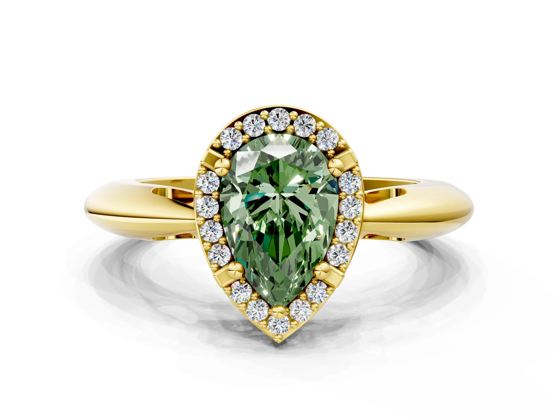 Yellow gold Fancy Green Pear  Cut Diamond Halo Engagement Ring with Split Shank and Four-Prong Setting_89