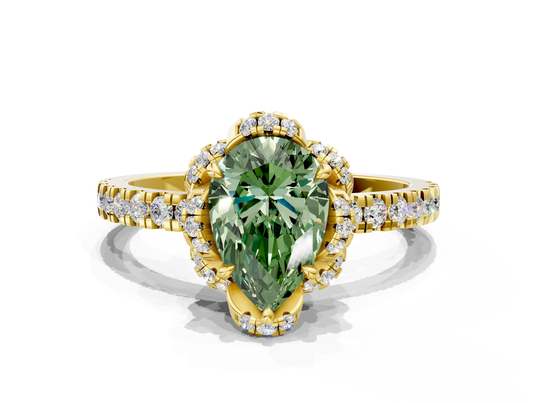 Yellow gold Fancy Green Pear Cut Diamond Halo Pave Band with Four-Prong Setting_3