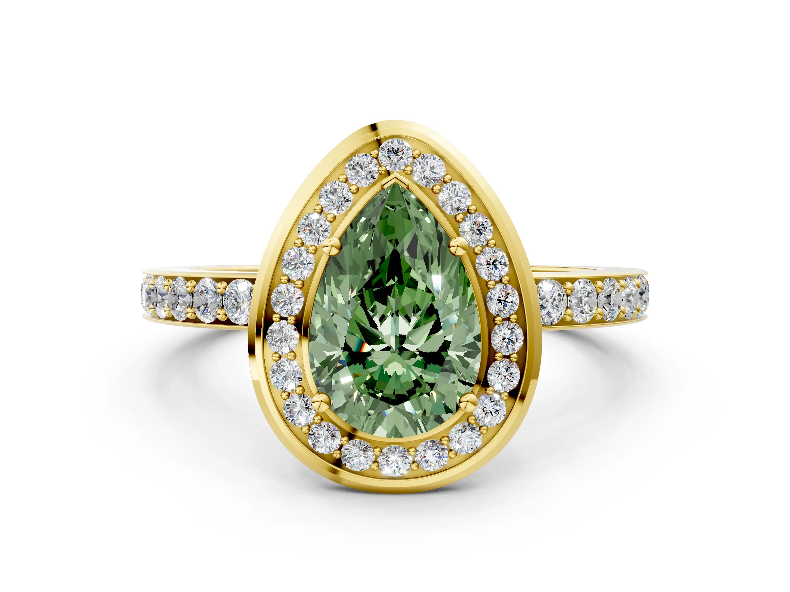 Yellow gold Fancy Green Pear Cut Diamond Halo Ring with Bezel Frame and Pavé Band