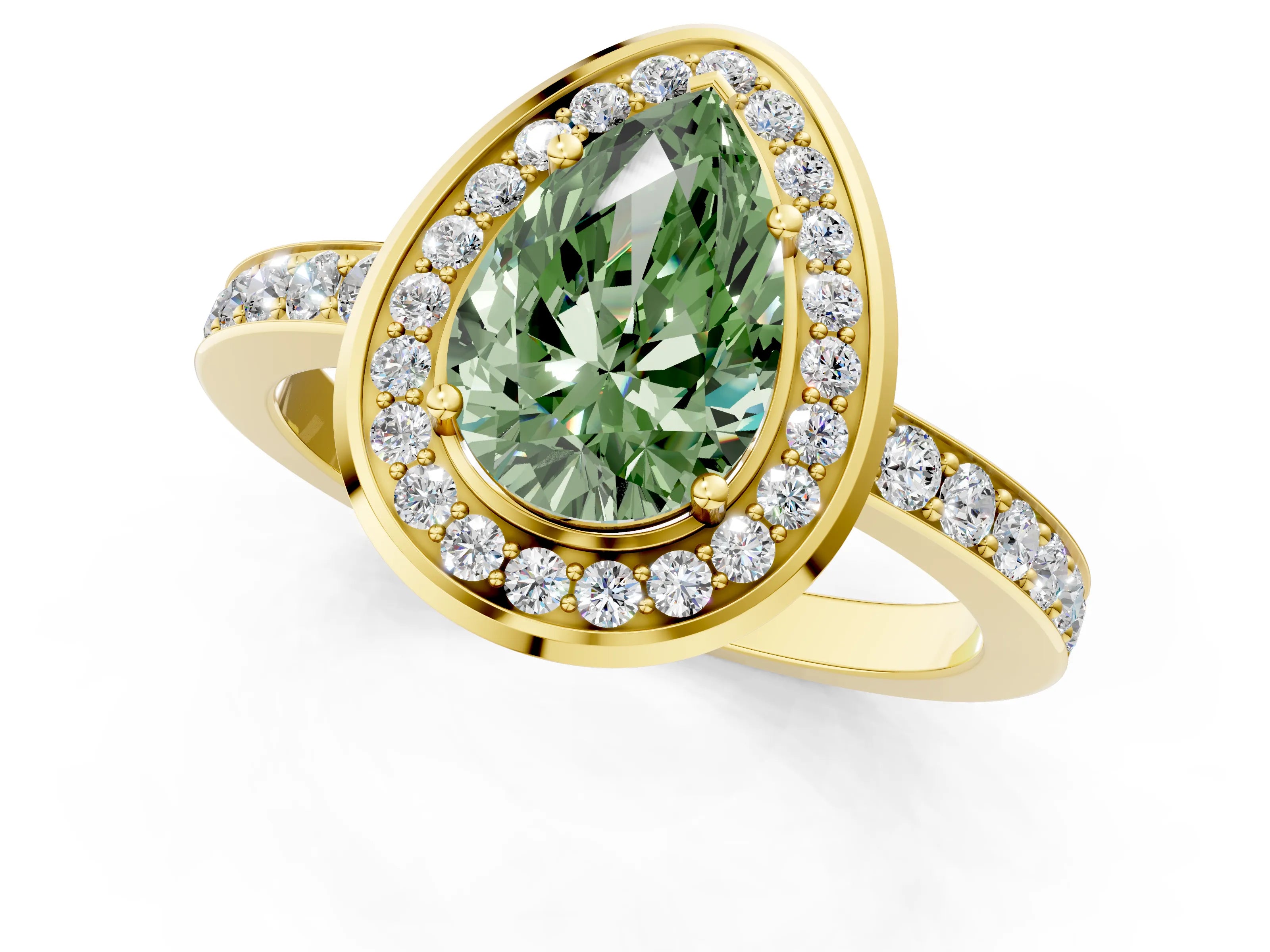 Yellow gold Fancy Green Pear Cut Diamond Halo Ring with Bezel Frame and Pavé Band_1