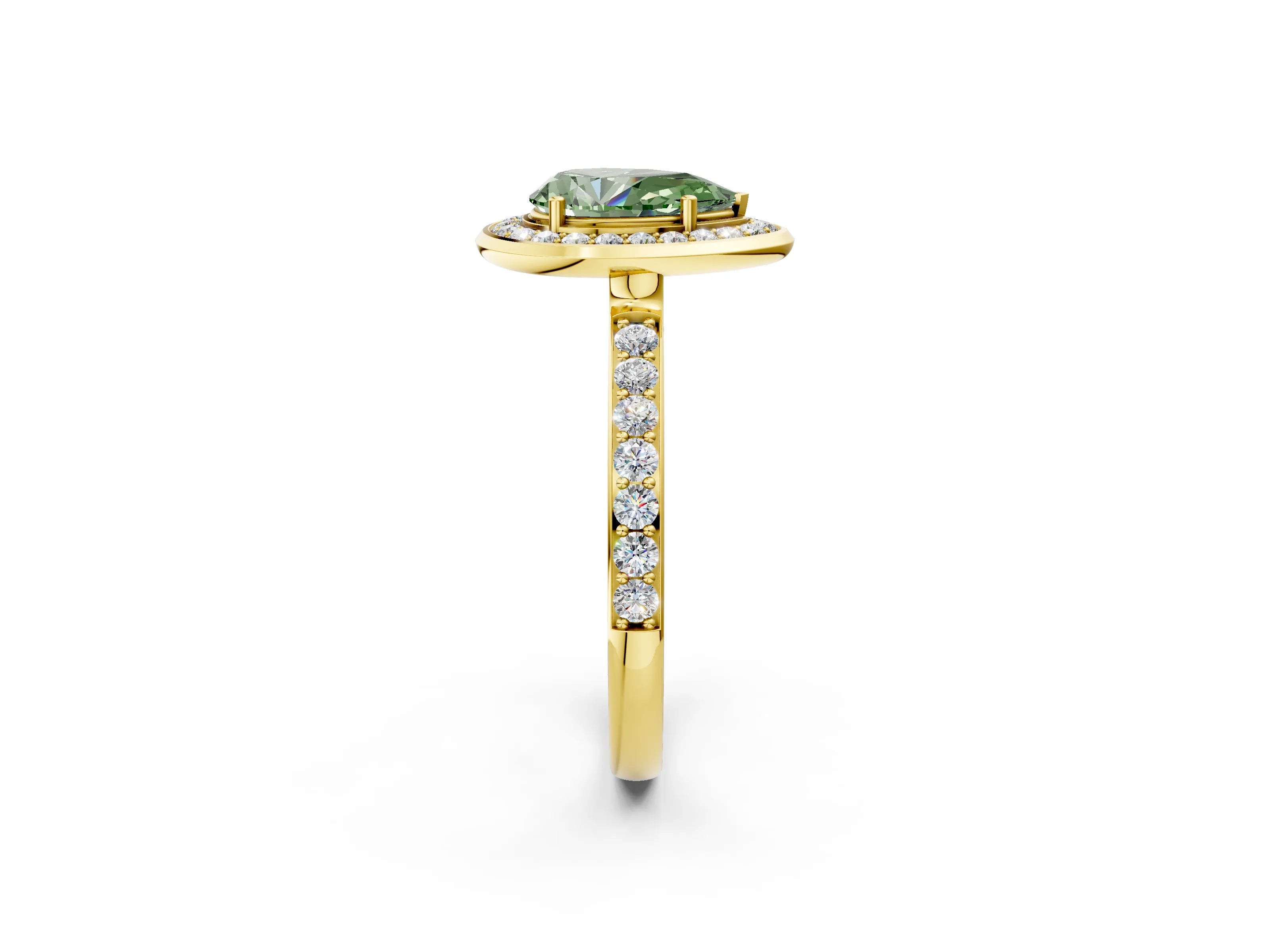 Yellow gold Fancy Green Pear Cut Diamond Halo Ring with Bezel Frame and Pavé Band_2
