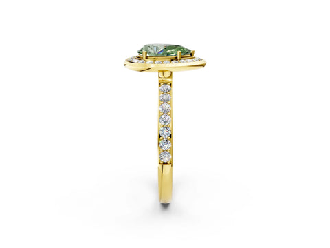 Yellow gold Fancy Green Pear Cut Diamond Halo Ring with Bezel Frame and Pavé Band_2