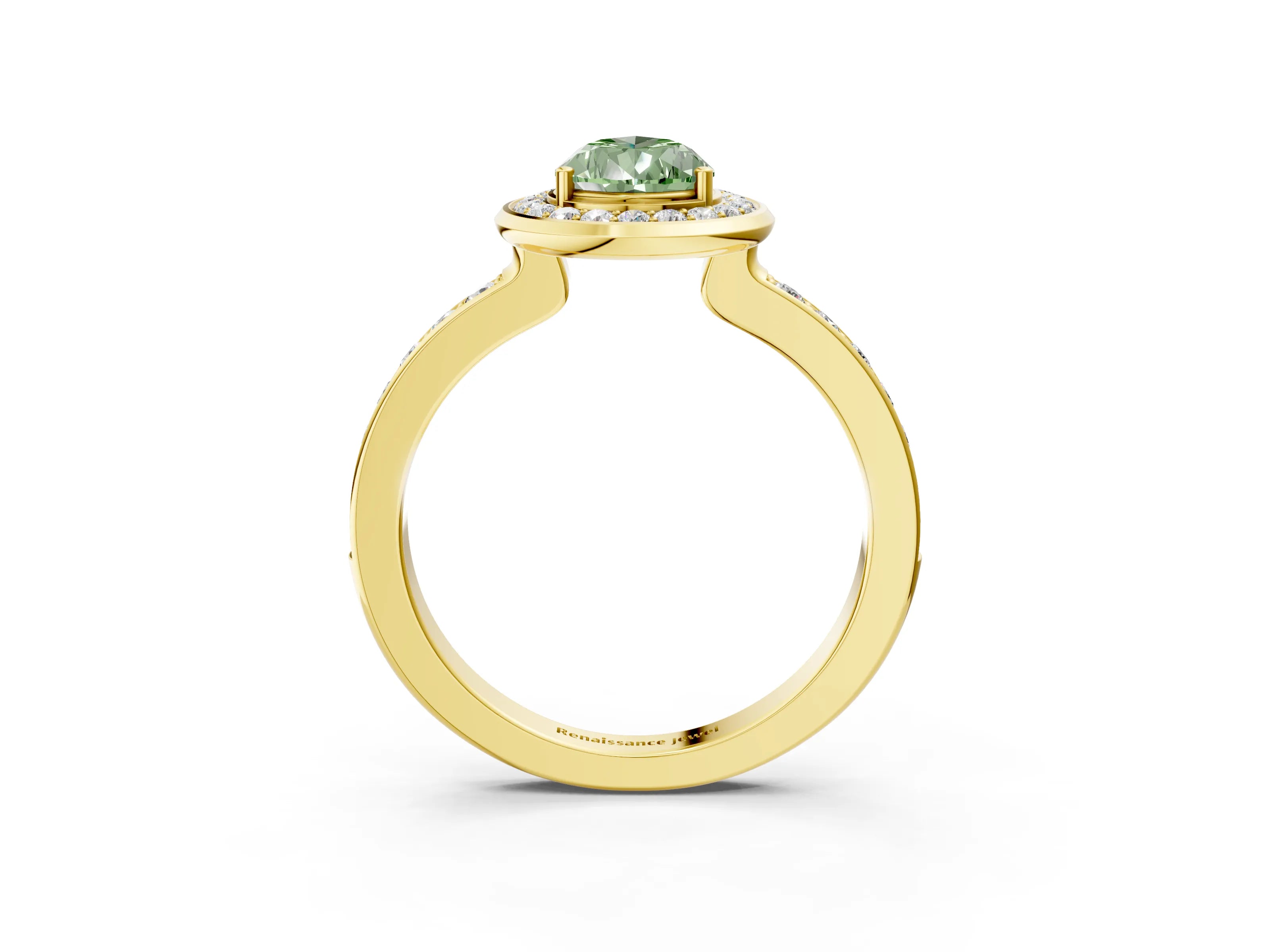 Yellow gold Fancy Green Pear Cut Diamond Halo Ring with Bezel Frame and Pavé Band_3