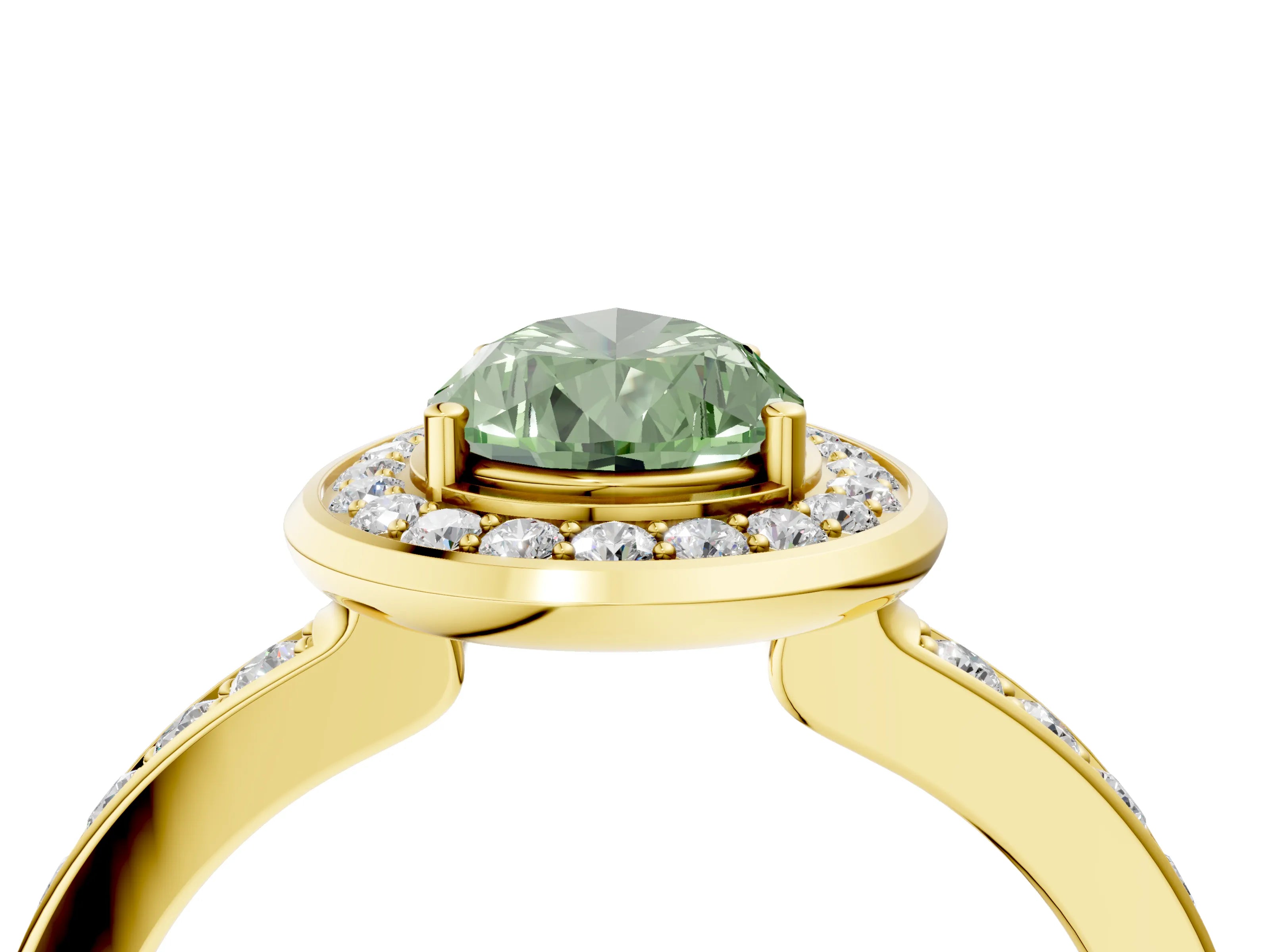 Yellow gold Fancy Green Pear Cut Diamond Halo Ring with Bezel Frame and Pavé Band_4