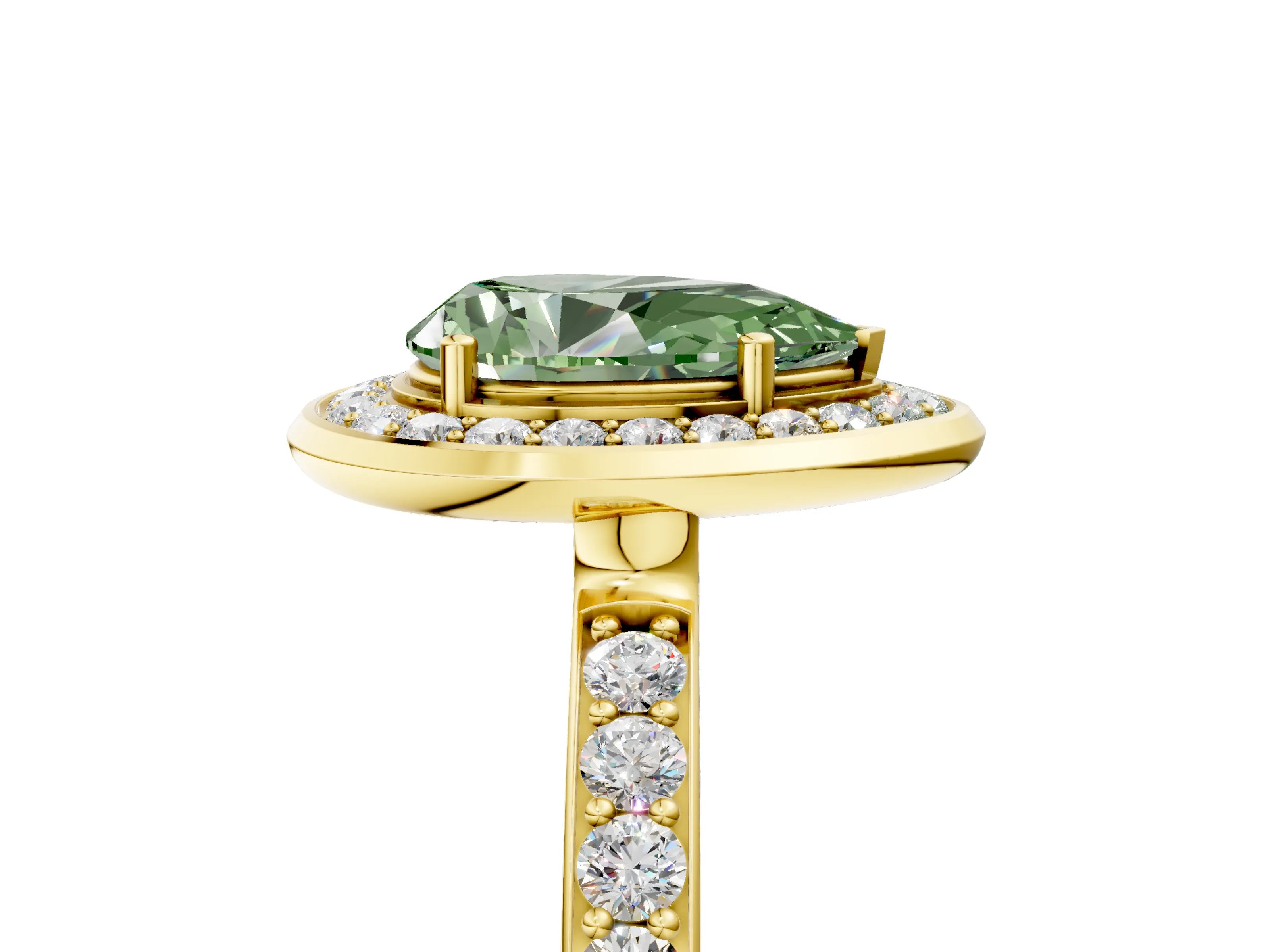 Yellow gold Fancy Green Pear Cut Diamond Halo Ring with Bezel Frame and Pavé Band_5