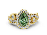 Yellow gold Fancy Green Pear Cut Diamond Halo Ring with Milgrain Pavé Band and Four-Prong Setting_54