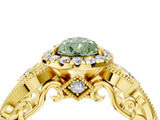 Yellow gold Fancy Green Pear Cut Diamond Halo Ring with Milgrain Pavé Band and Four-Prong Setting_58