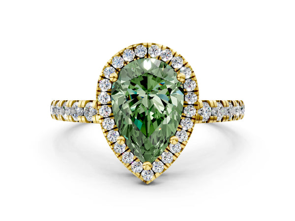 Yellow gold Fancy Green Pear Cut Diamond Halo Ring with Pavé Band and Four-Prong Setting