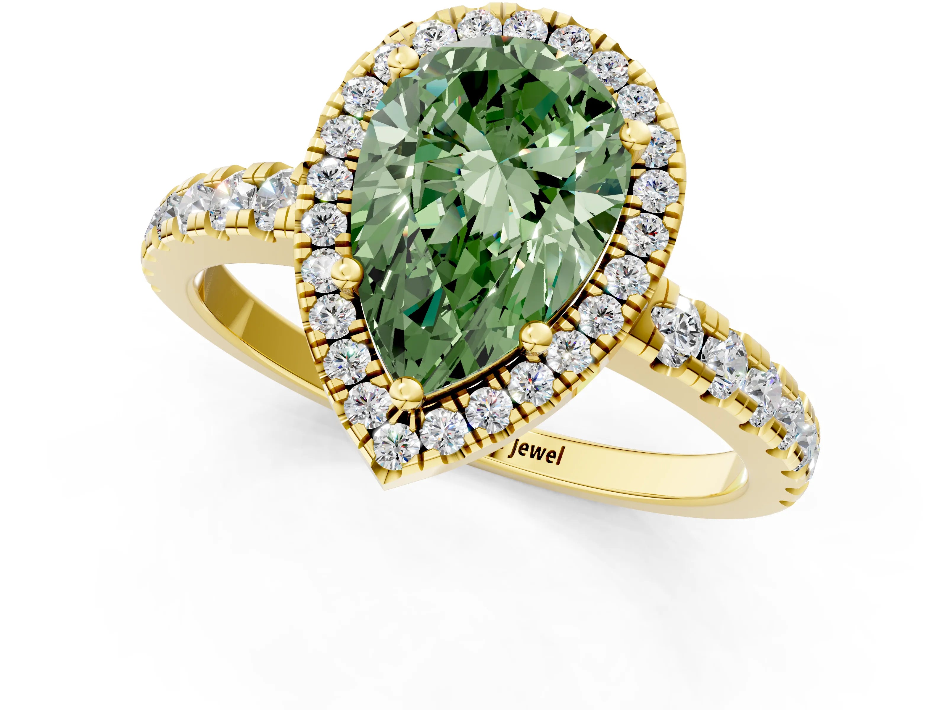Yellow gold Fancy Green Pear Cut Diamond Halo Ring with Pavé Band and Four-Prong Setting_1