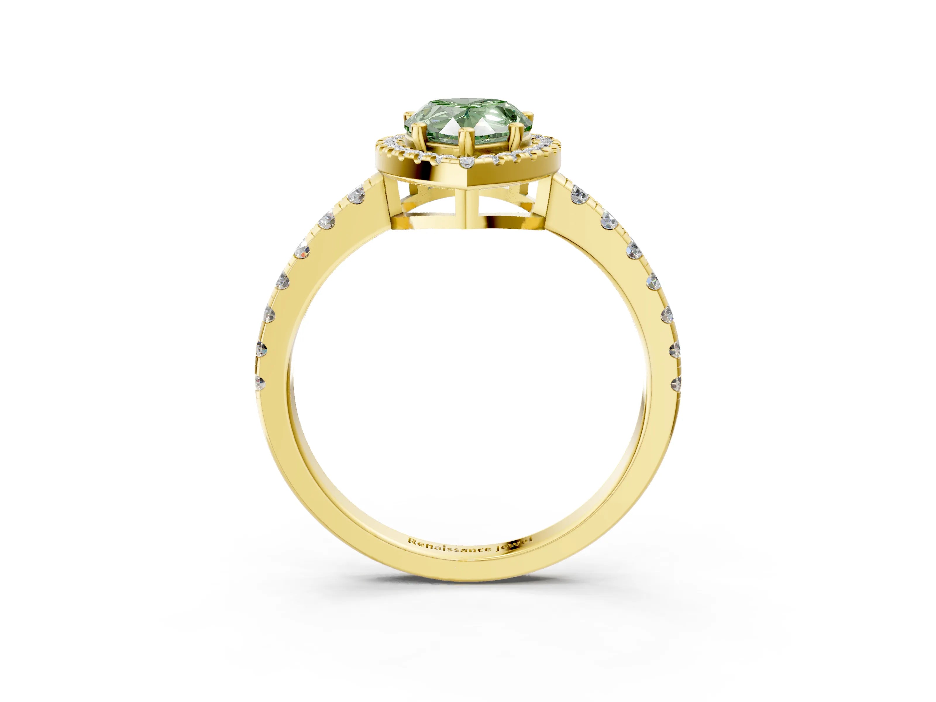 Yellow gold Fancy Green Pear Cut Diamond Halo Ring with Pavé Band and Four-Prong Setting_3