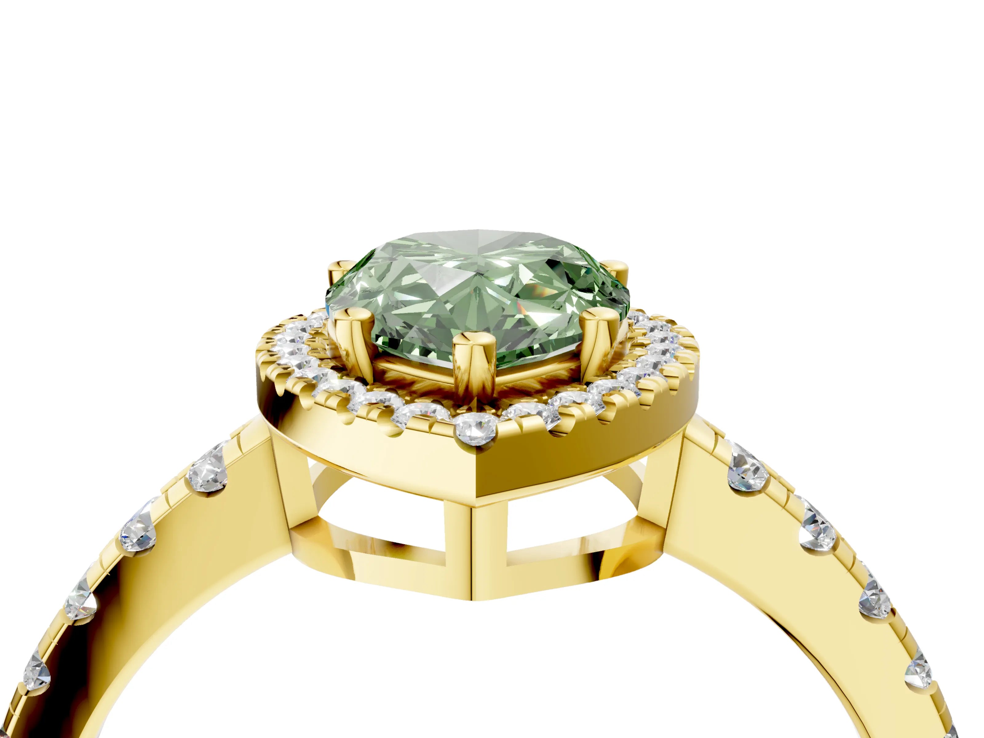 Yellow gold Fancy Green Pear Cut Diamond Halo Ring with Pavé Band and Four-Prong Setting_4