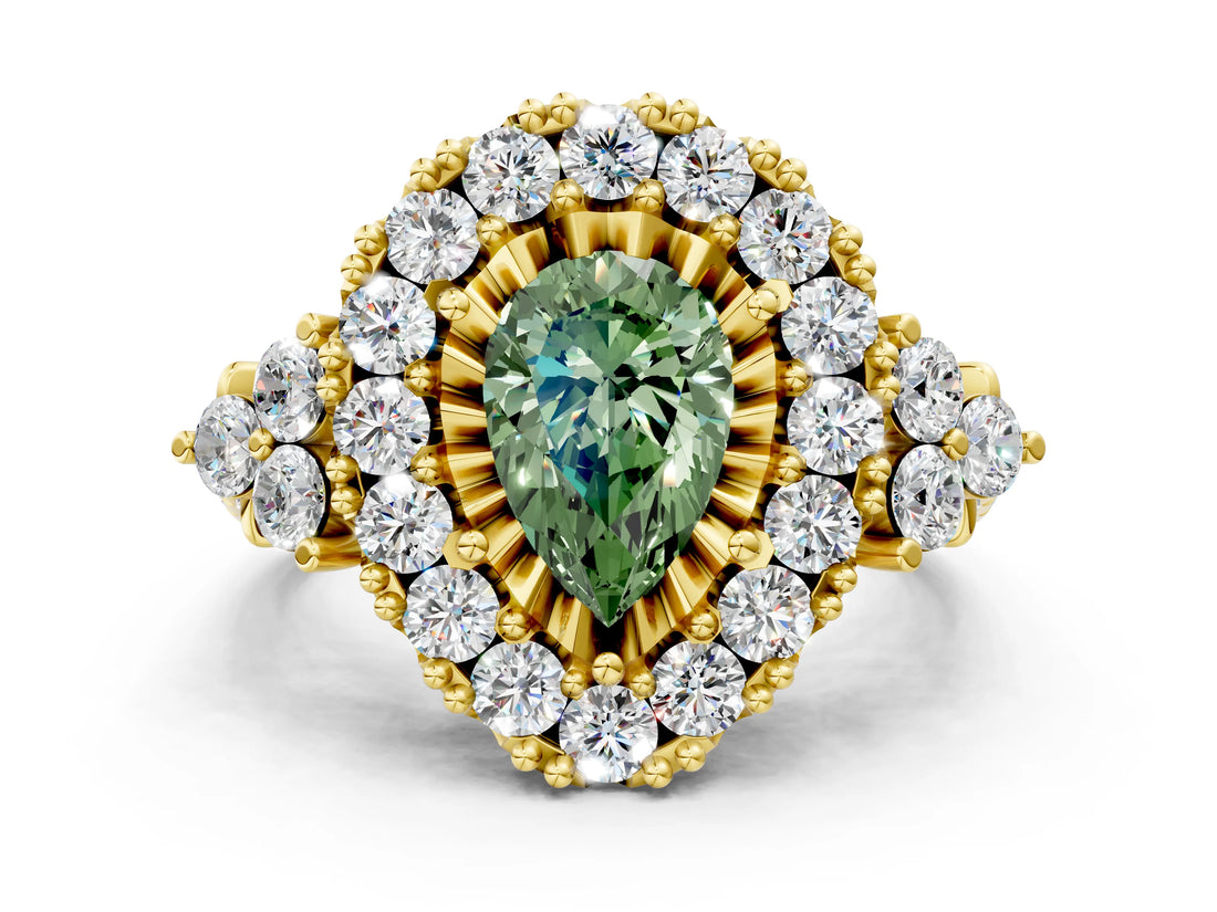 Yellow gold Fancy Green Pear Cut Diamond Halo Ring with Pavé Band and Four-Prong Setting_49