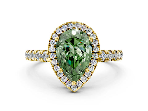Yellow gold Fancy Green Pear Cut Diamond Halo Ring with Pavé Band and Four-Prong Setting