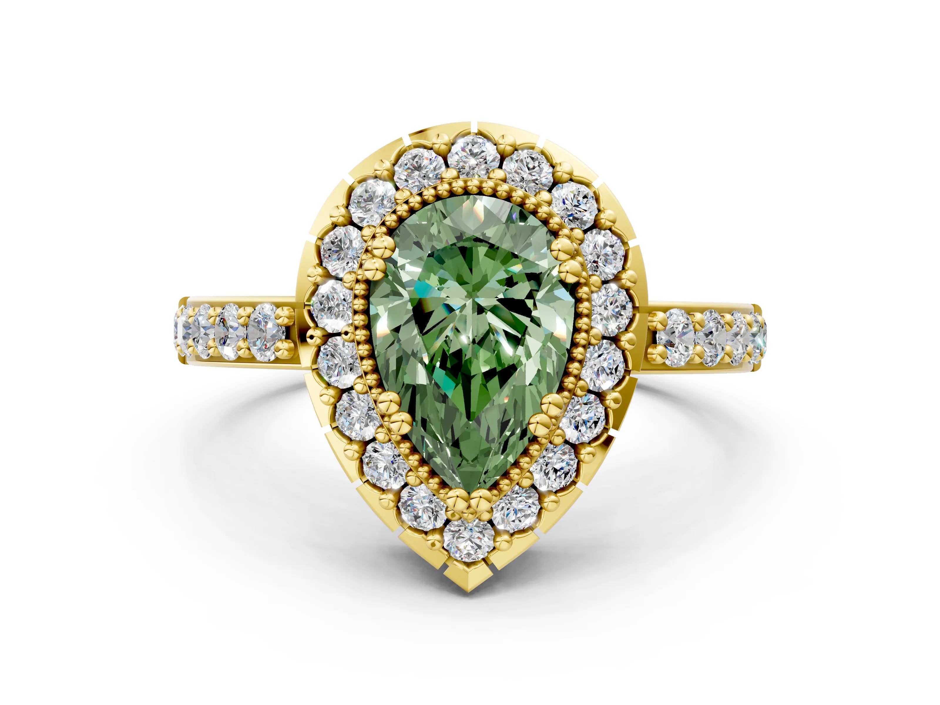 Yellow gold Fancy Green Pear Cut Diamond Halo Ring with Pavé Band and Prong Setting